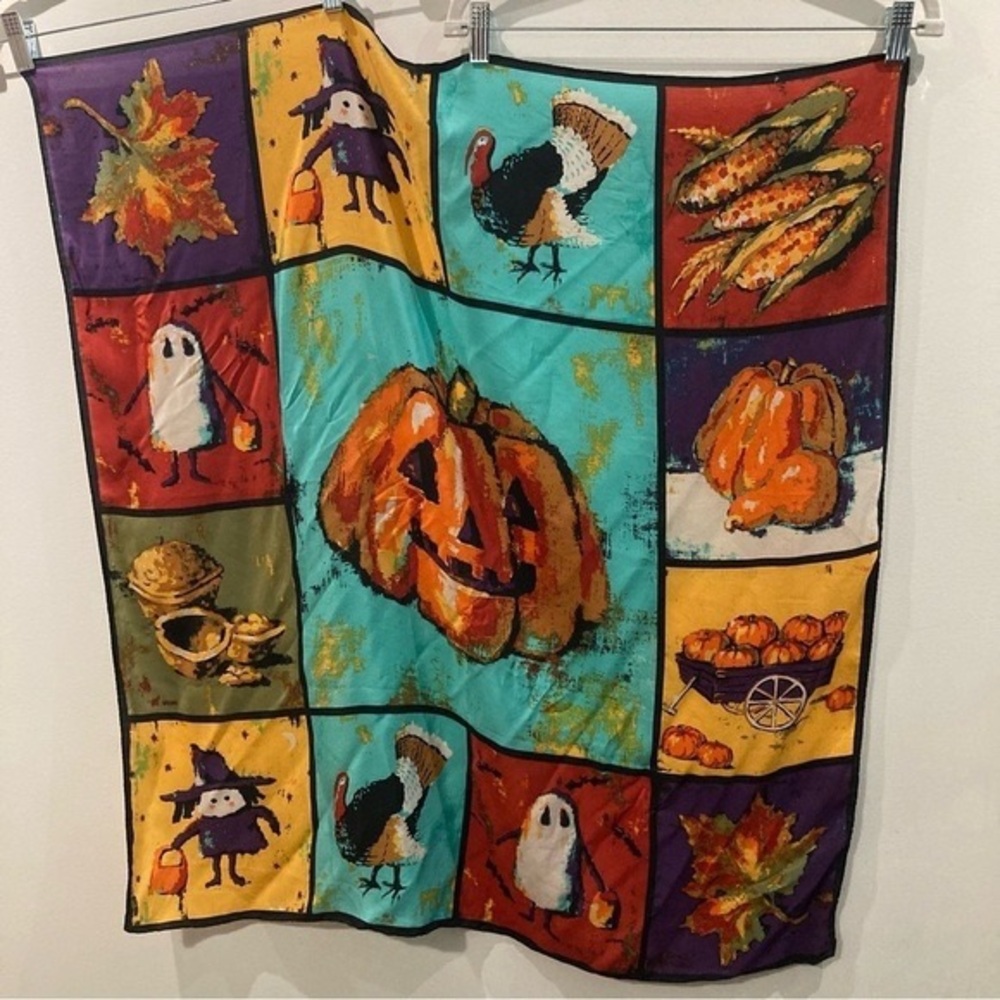 Halloween Patchwork Pumpkin Scarf - Turquoise, Orange, Purple - Picture 7 of 7